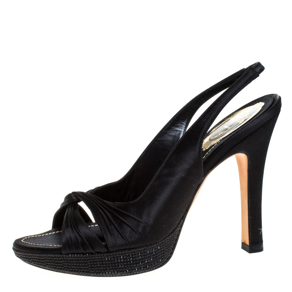 

Renè Caovilla Black Pleated Satin Slingback Embellished Platform Sandals Size