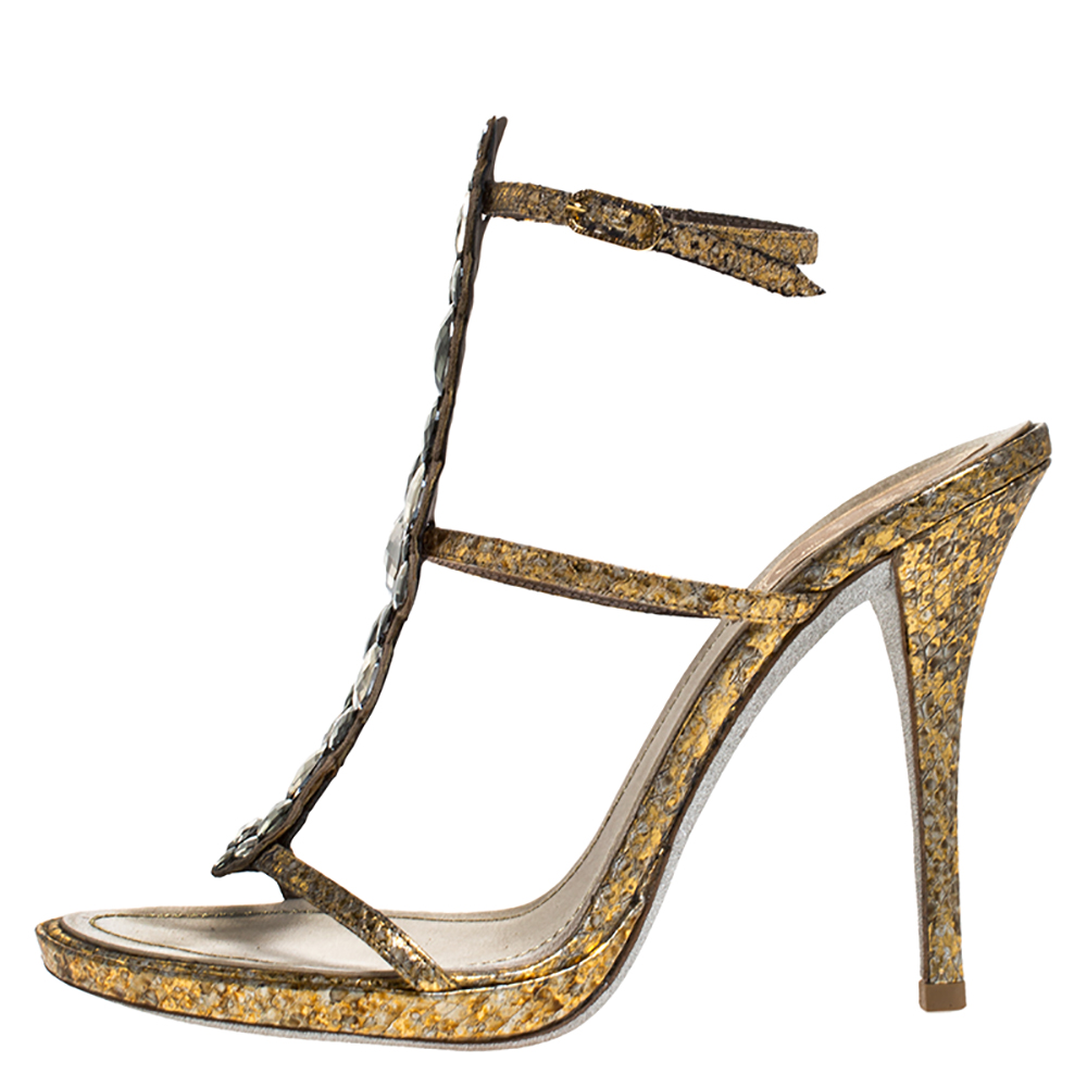 

Ren÷ Caovilla Gold Python Effect Leather Crystal Embellished Ankle Strap Sandals Size