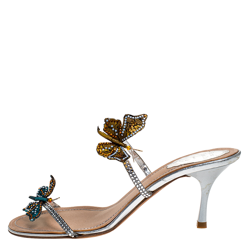 

René Caovilla Multicolor Lame Fabric And Lace Butterfly Crystal Embellished Slide Sandals Size