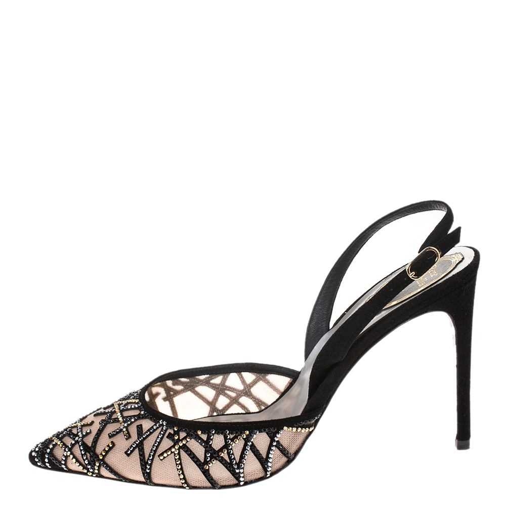 

René Caovilla Black Mesh And Suede Trim Crystal Embellished Slingback Pointed Toe Sandals Size