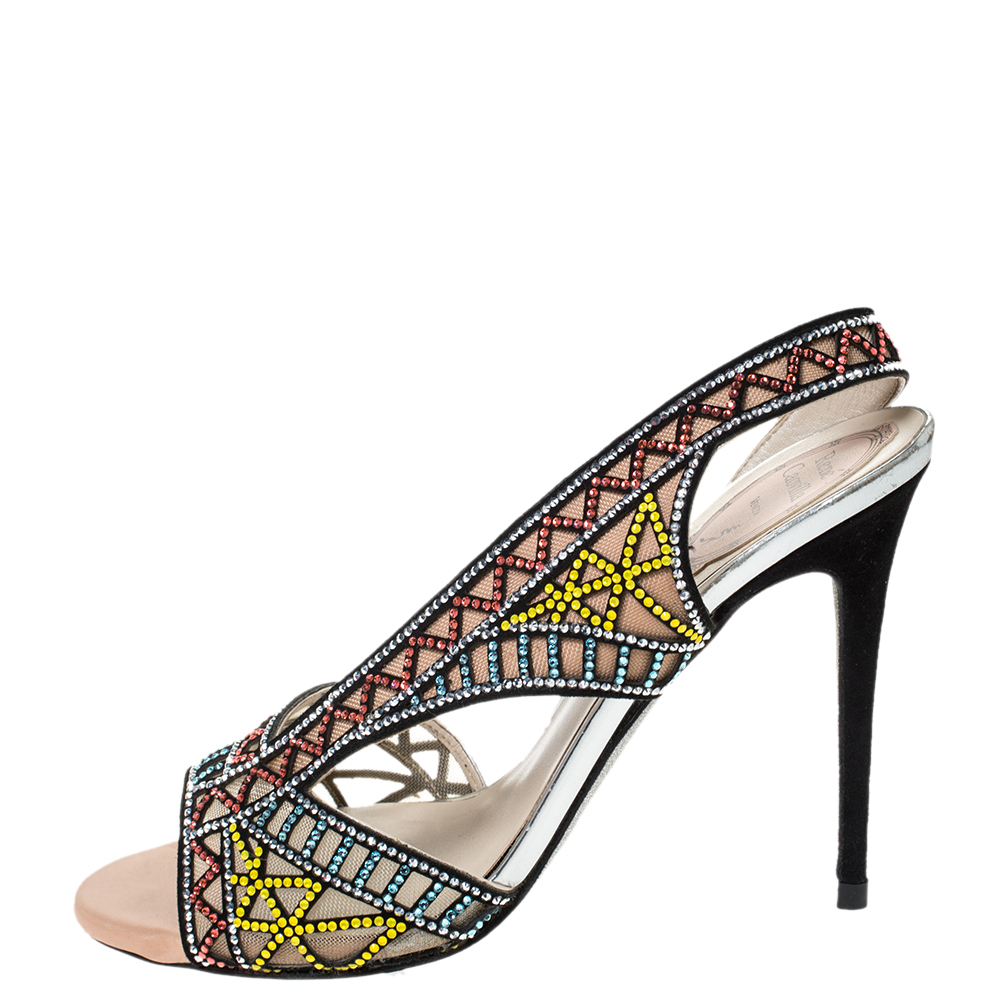

Ren÷ Caovilla Multicolor Crystal Embellished Suede Trim Slingback Sandals Size
