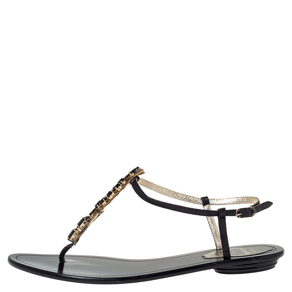 

René Caovilla Black Leather Crystal Embellished Flat Ankle Strap Thong Sandals Size