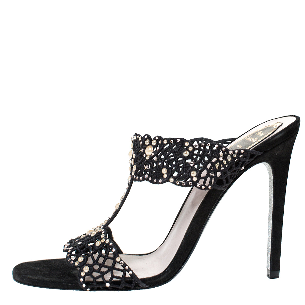 

René Caovilla Black Leather And Cut Out Fabric Crystal Embellished Sandals Size