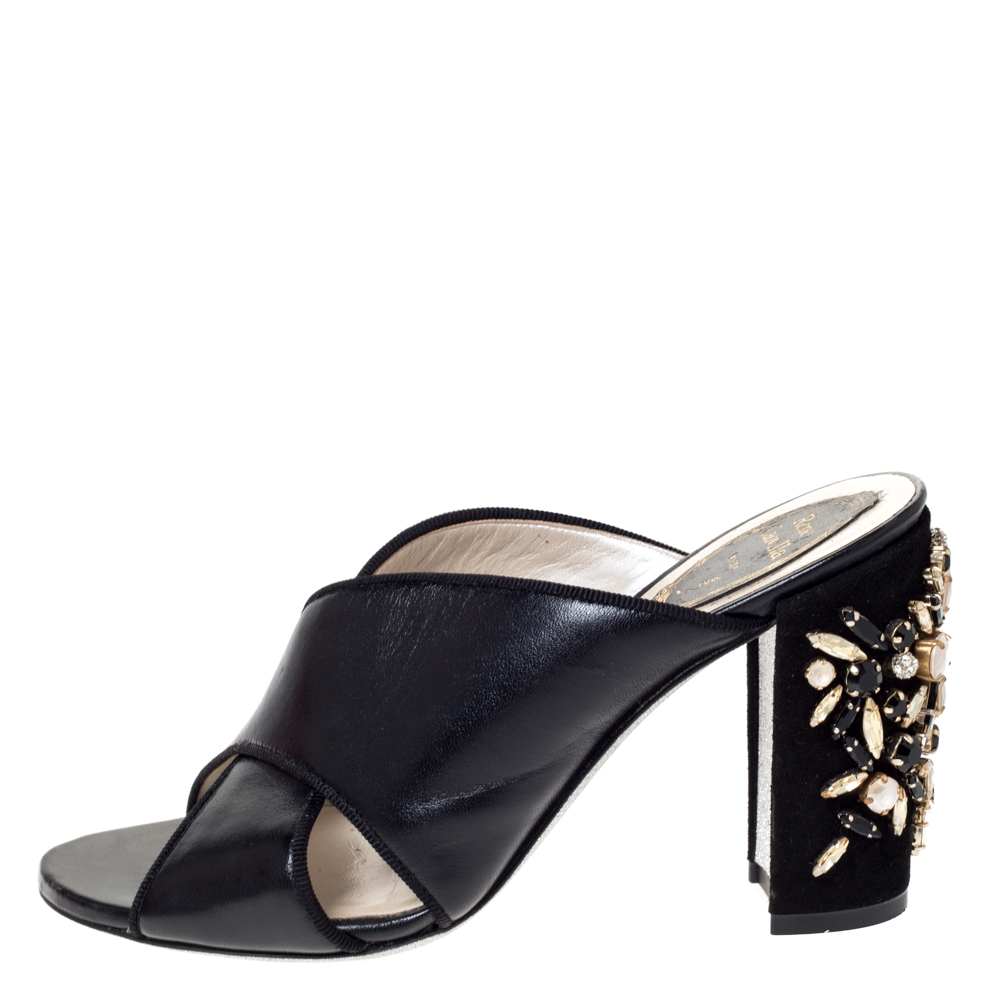 

Rene Caovilla Black Leather And Suede Crystal Embellished Block Heel Sandals Size