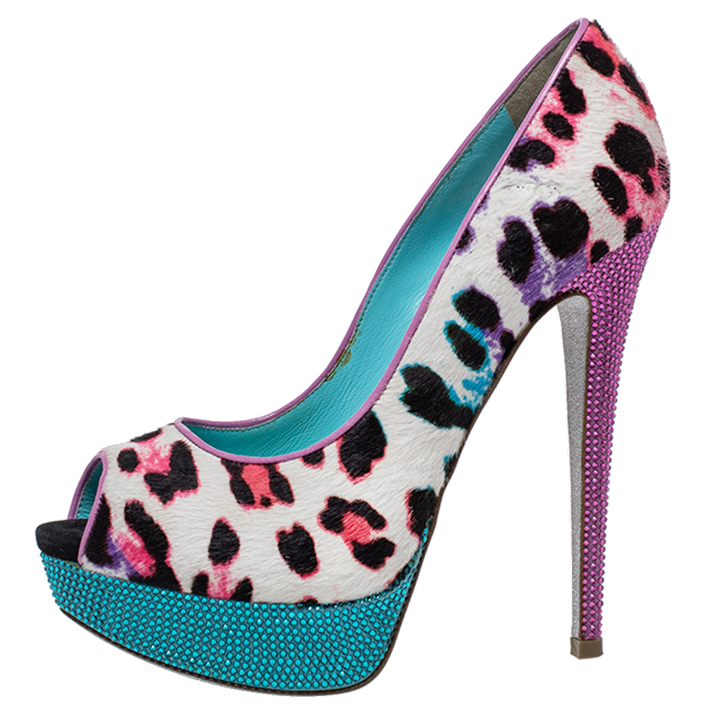 

Ren÷ Caovilla Multicolor Leopard Pony Hair And Crystal Embellished Satin Platform Peep Toe Pumps Size