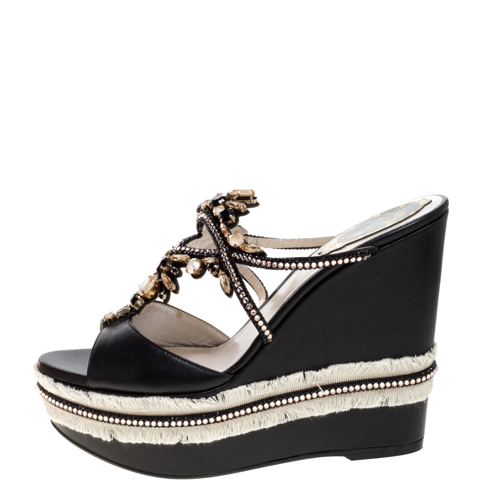 

René Caovilla Black Leather Jewel Embellished Wedge Platform Sandals Size