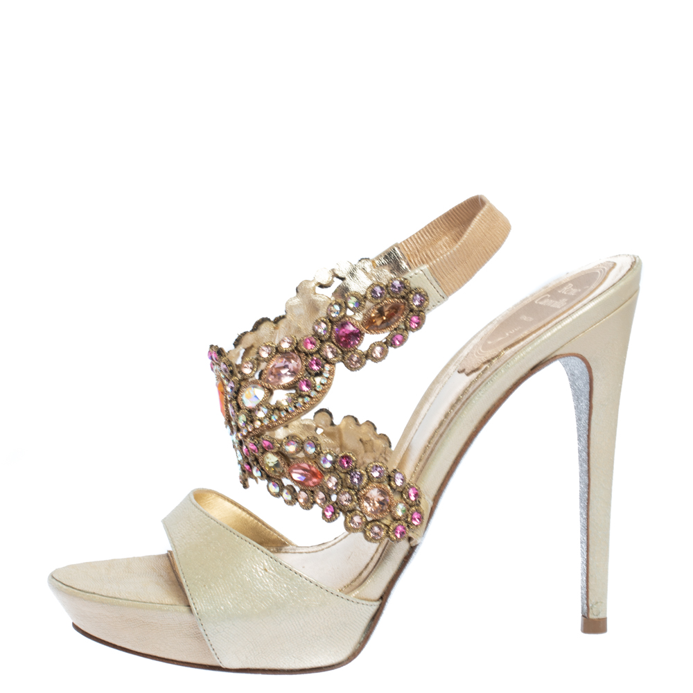 

René Caovilla Beige Leather Crystal Embellished Platform Ankle Strap Sandals Size