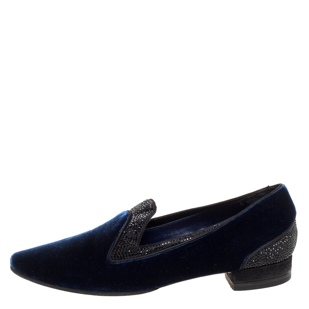 

René Caovilla Navy Blue Velvet Crystal Embellished Smoking Slippers Size
