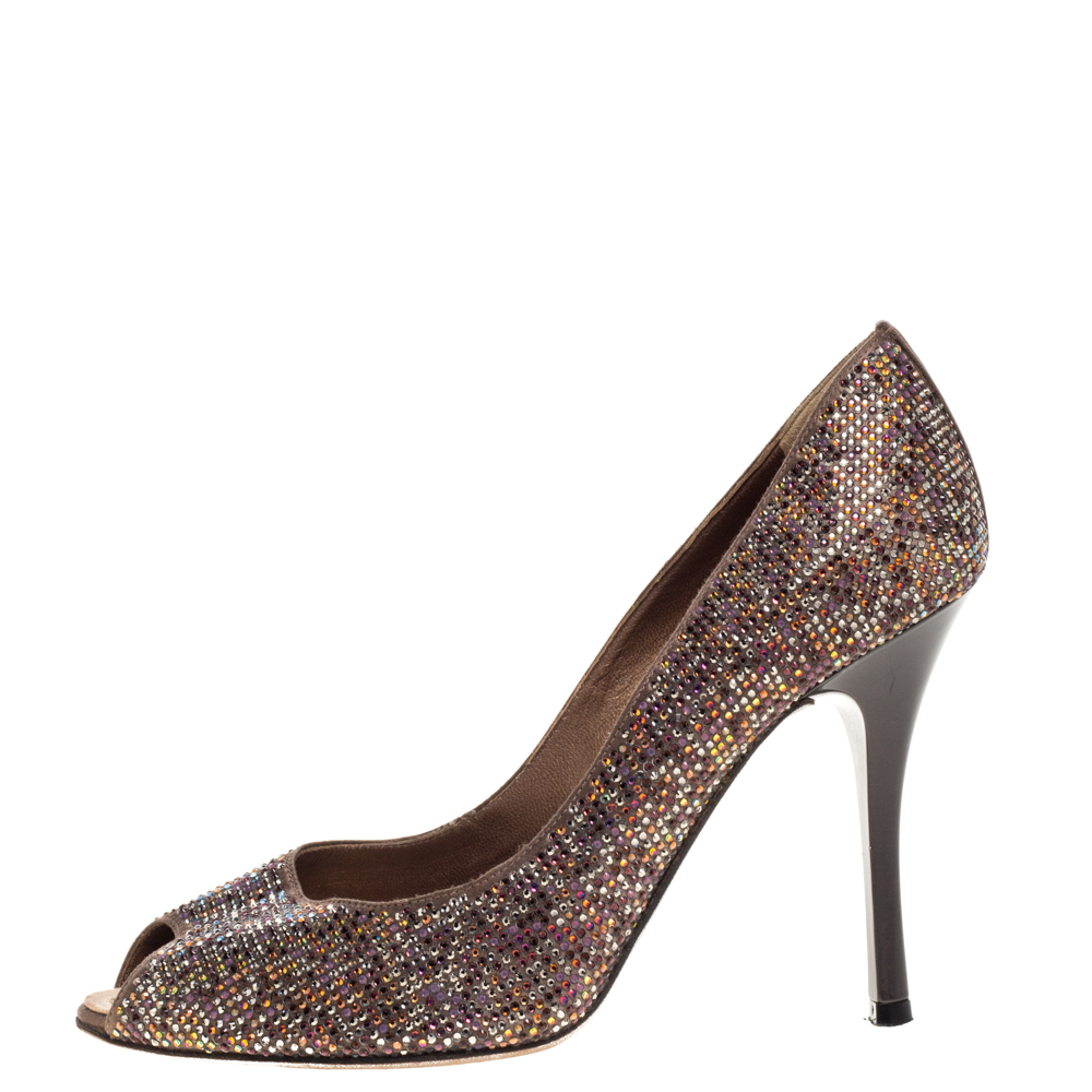 

René Caovilla Brown Satin Multicolor Crystal Embellished Peep Toe Pumps Size