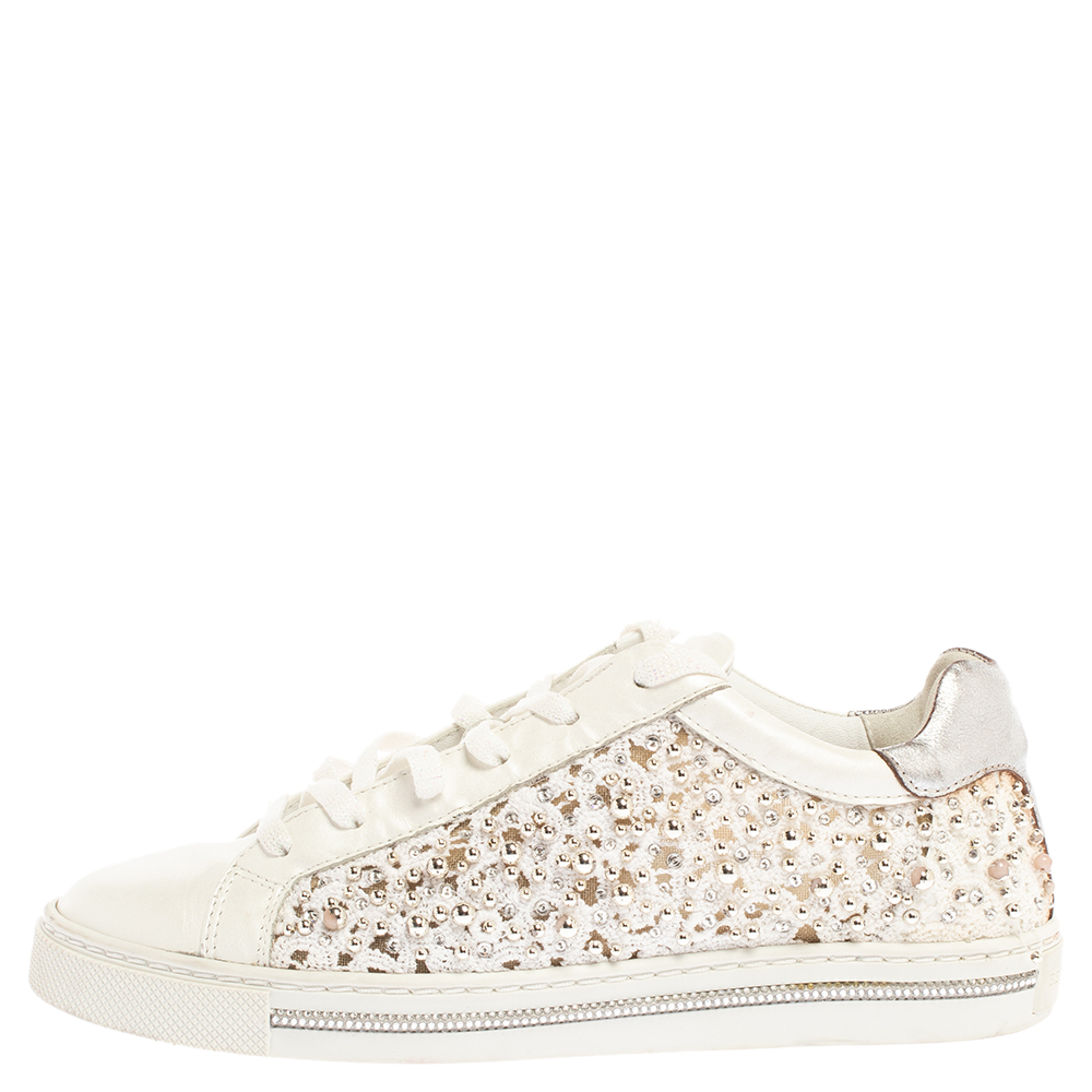 

Rene Caovilla White Leather And Floral Lace Embellished Lace Up Sneakers Size