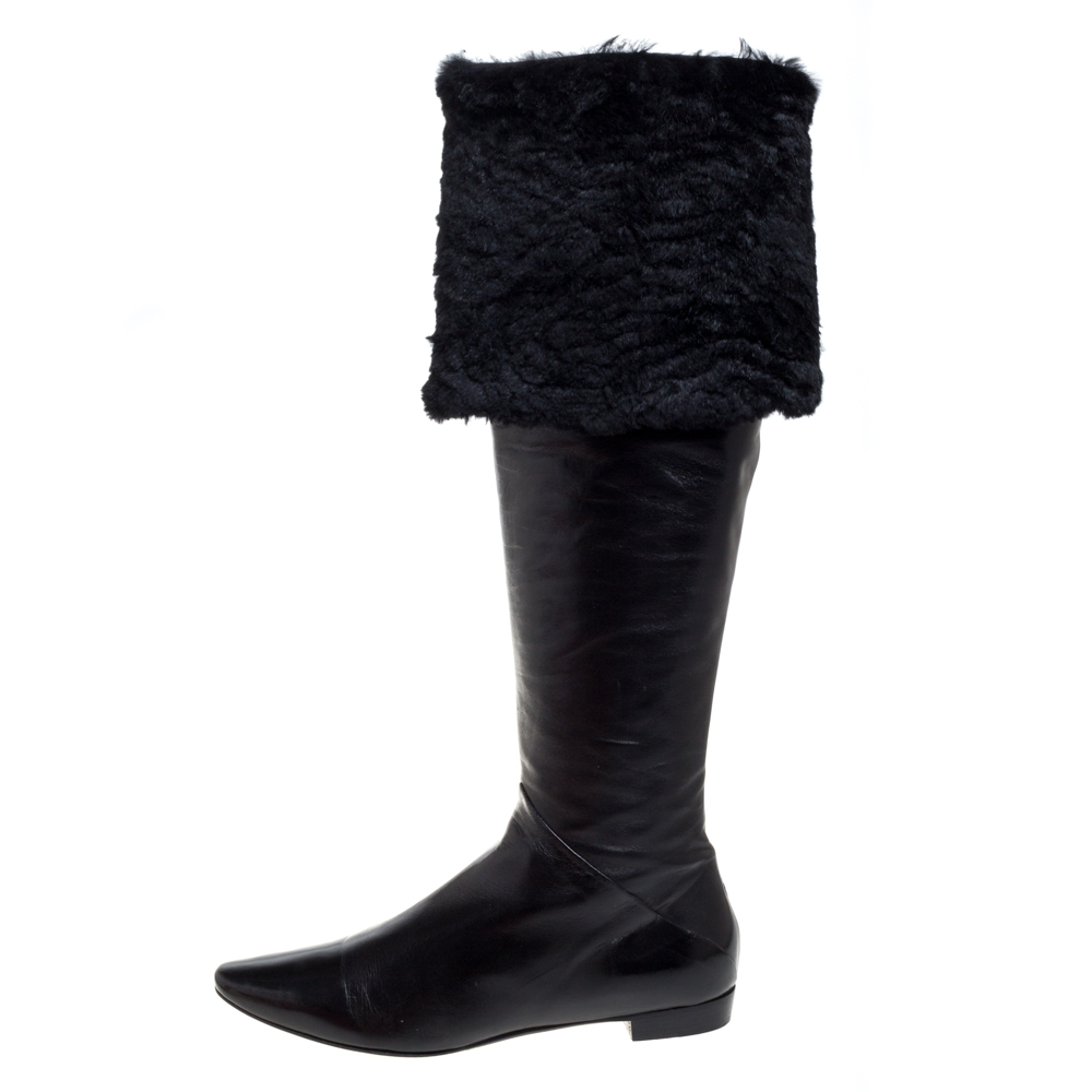 

Rene Caovilla Black Leather And Faux Fur Knee High Boots Size