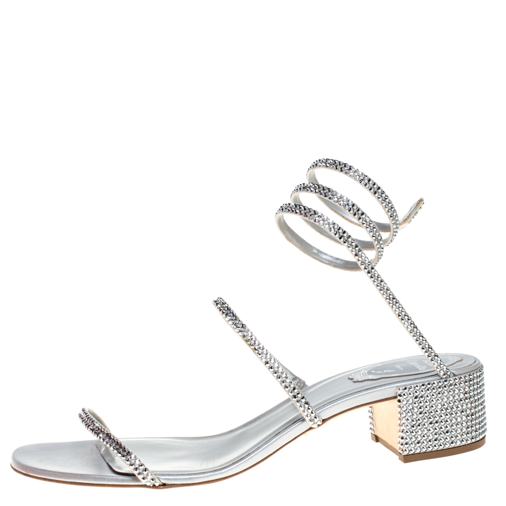 

Rene Caovilla Silver Satin and Leather Cleo Crystal Embellished Sandals Size