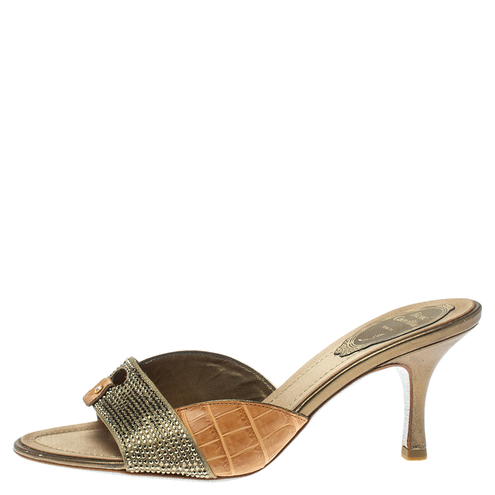 

Rene Caovilla Brown/Olive Green Alligator Leather And Satin Crystal Embellished Open Toe Sandals Size