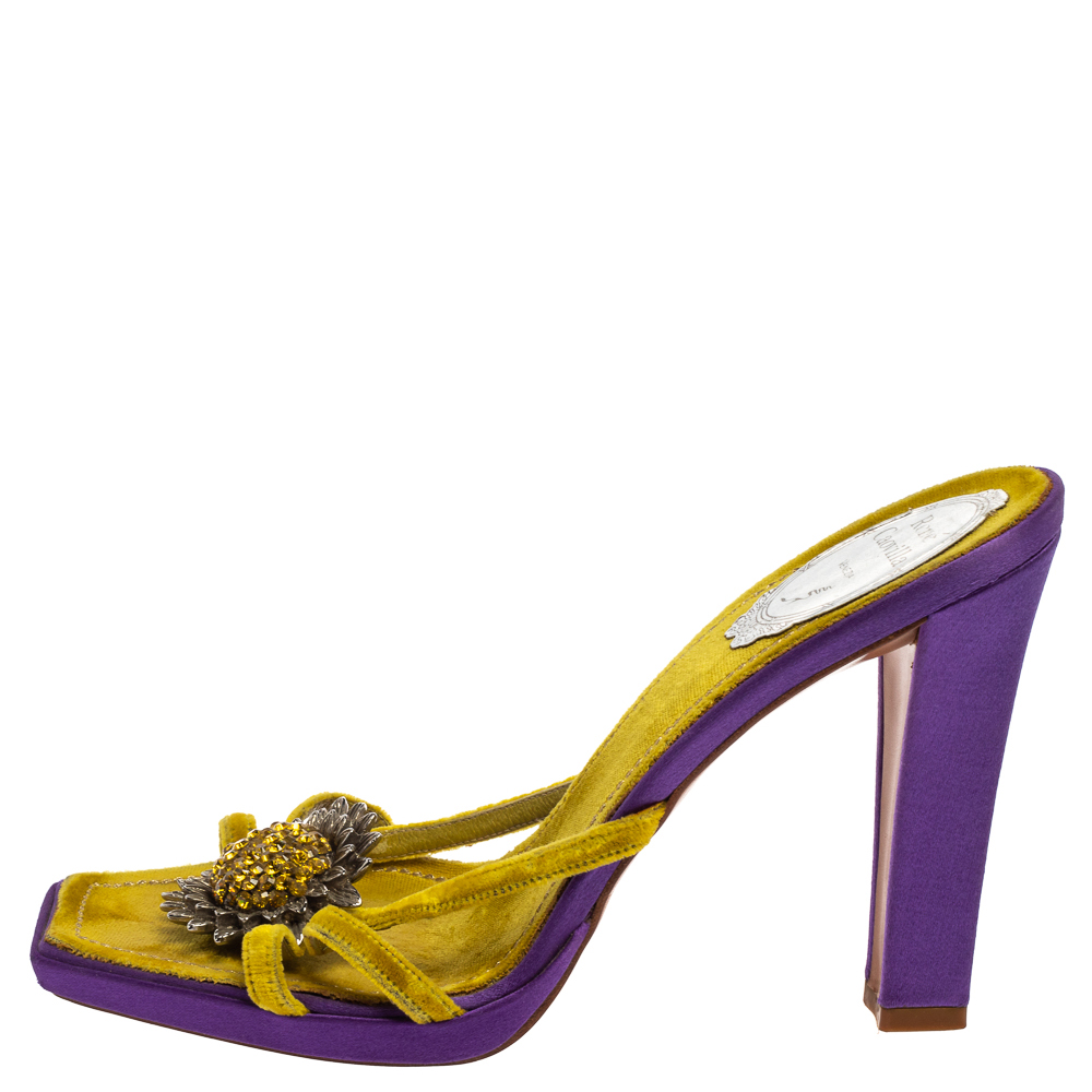 

René Caovilla Yellow Velvet Flower Embellished Slide Sandals Size