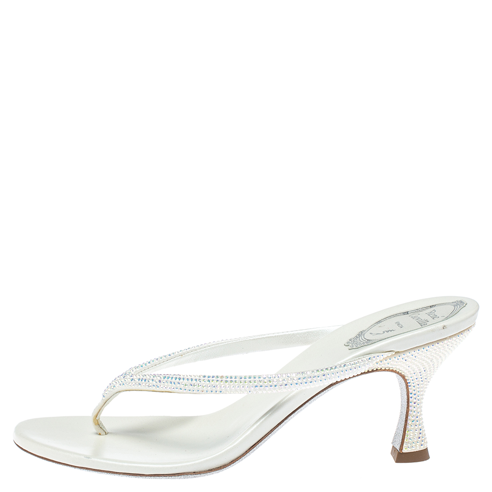 

René Caovilla White Satin Crystal Embellished Thong Sandals Size