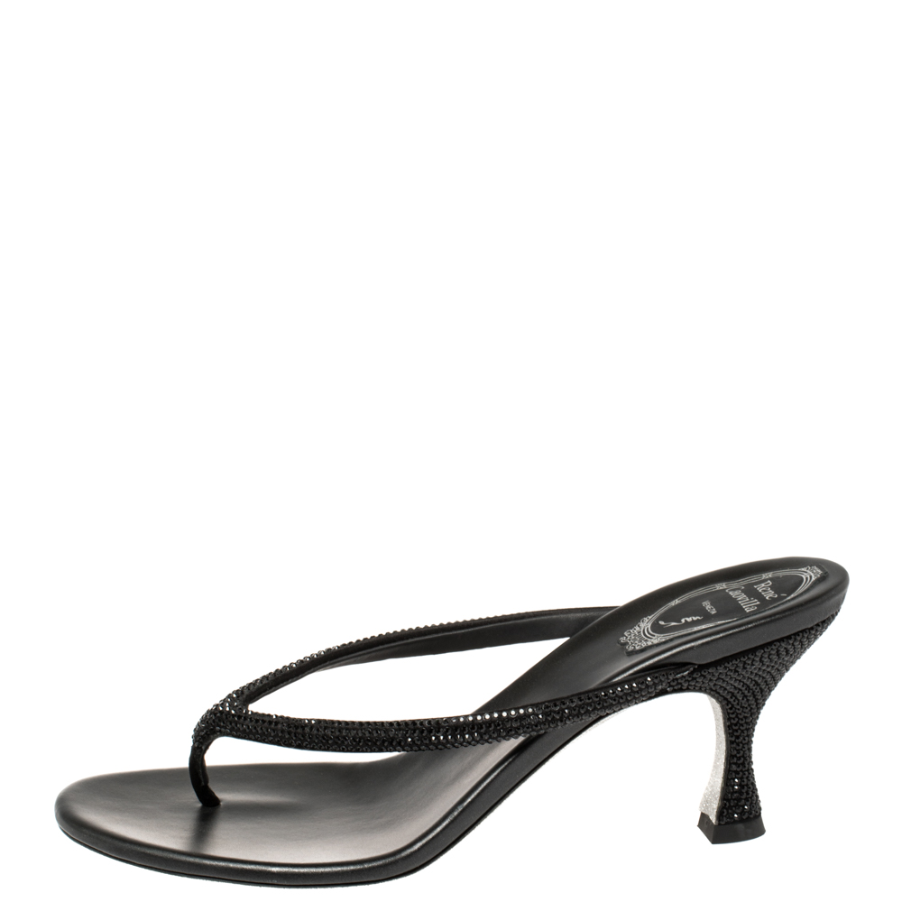 

René Caovilla Black Satin Crystal Embellished Thong Sandals Size