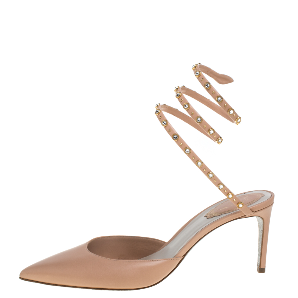 

René Caovilla Beige Leather Crystal Embellished Ankle Wrap Sandals Size