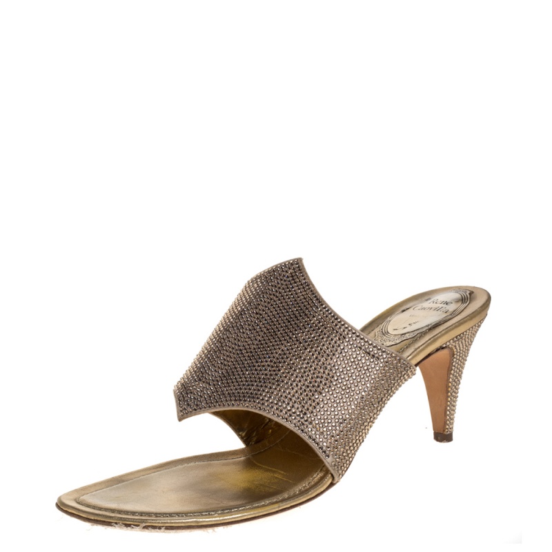 

Rene Caovilla Metallic Gold Satin Crystal Embellished Slide Sandals Size