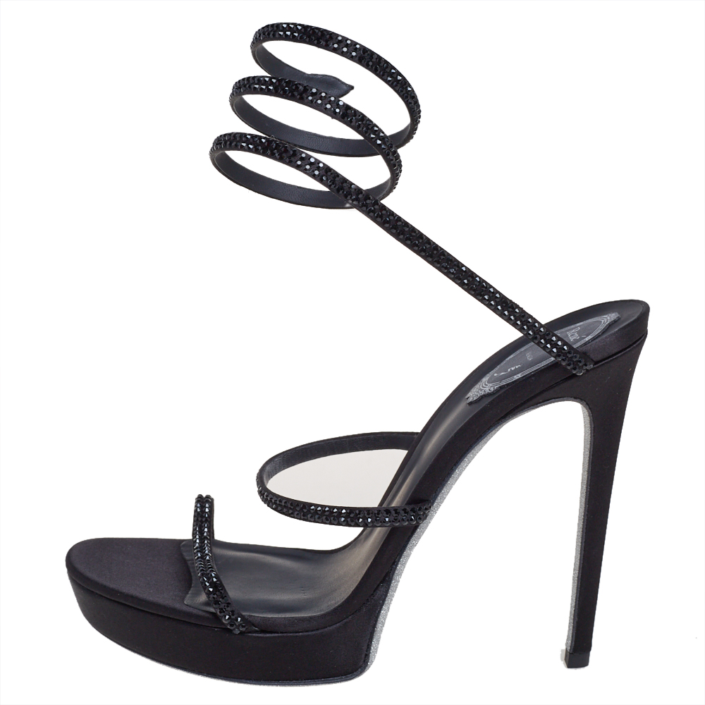 

René Caovilla Black Satin Ankle Wrap Cleo Sandals Size