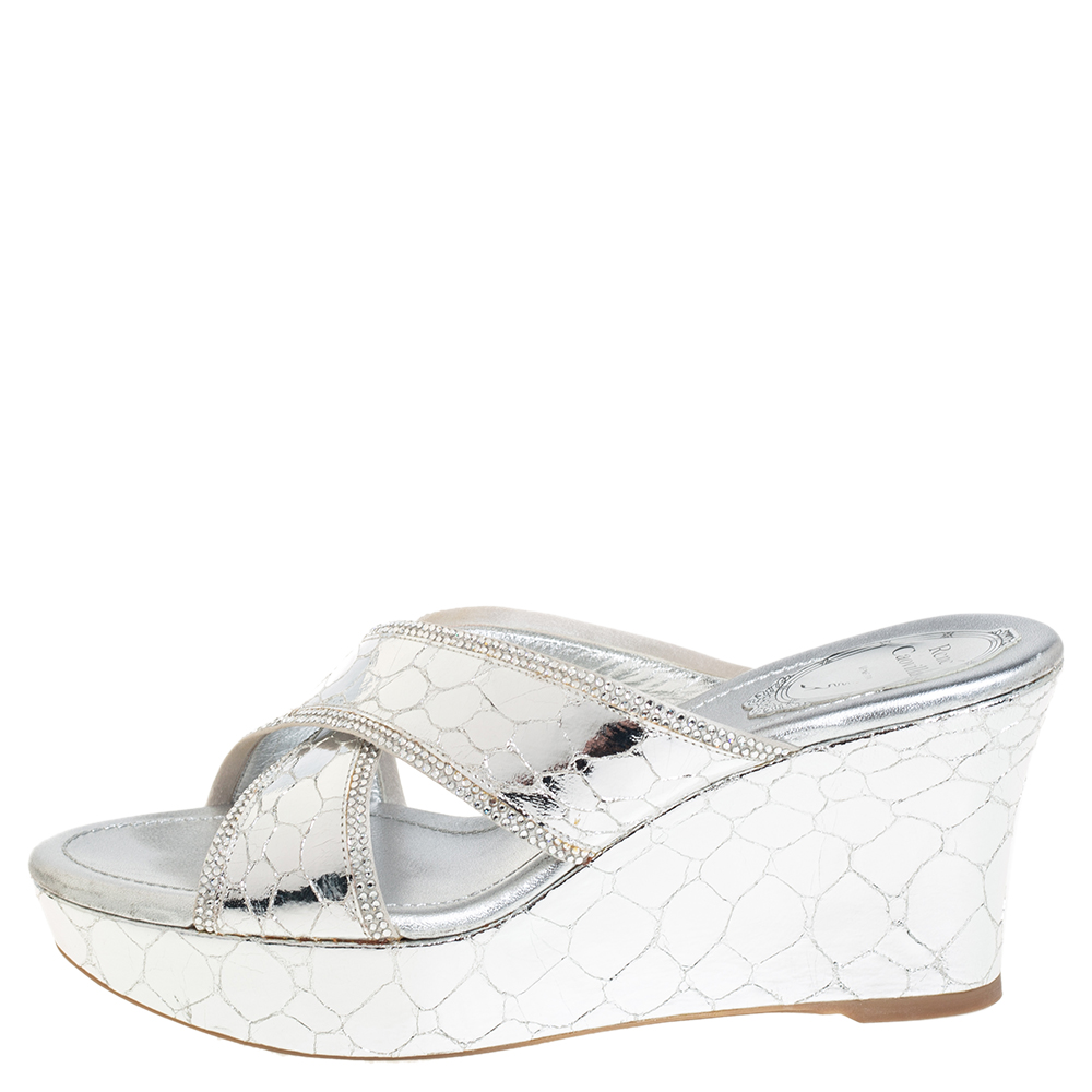 

Rene Caovilla Metallic Silver Textured Leather Wedge Platform Slide Sandals Size