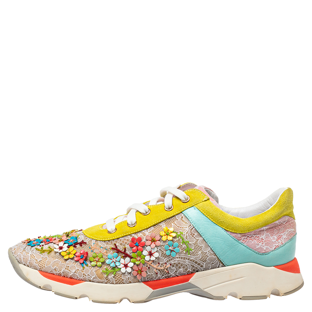 

Rene Caovilla Multicolor Lace And Suede Flower Embellished Lace Up Sneakers Size