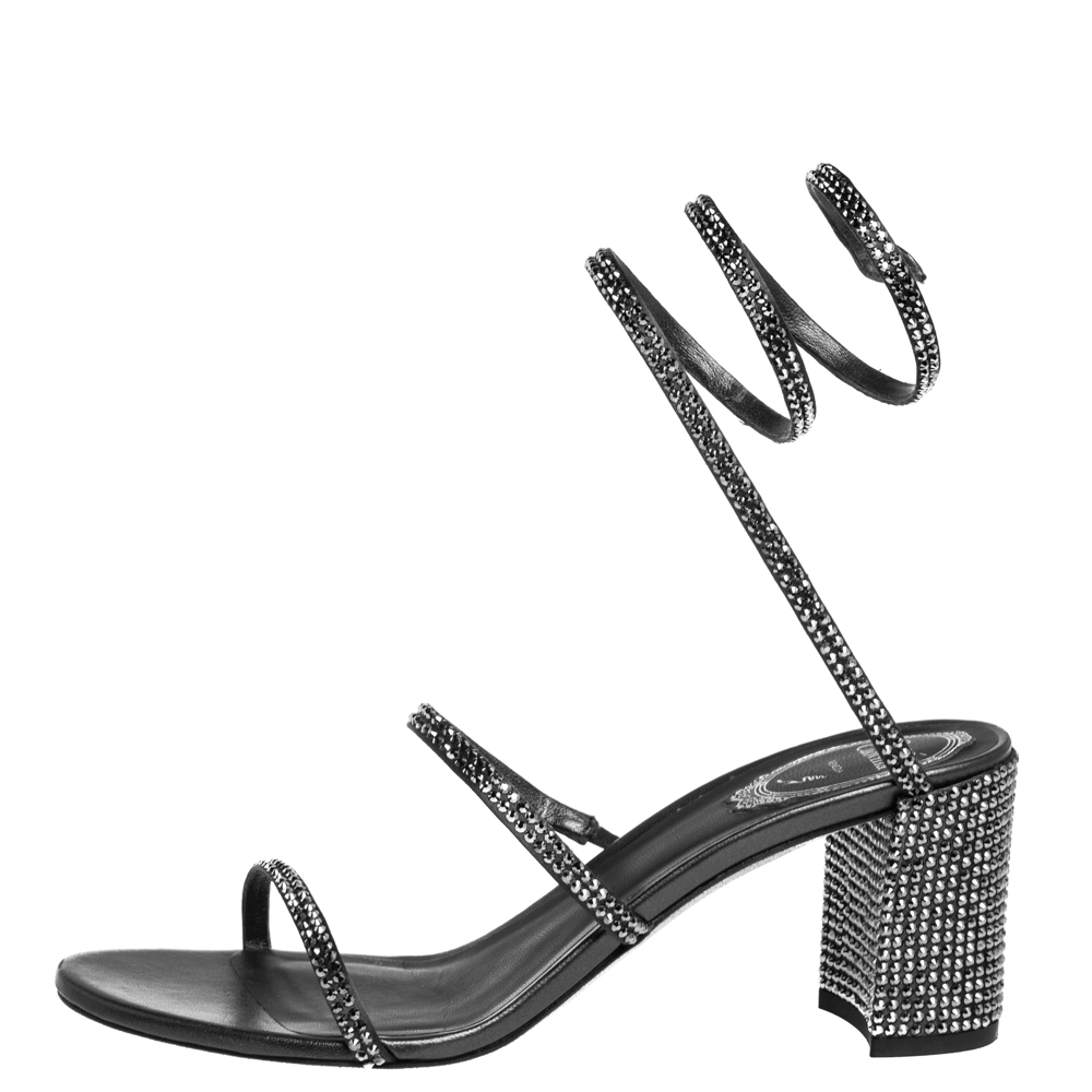 

René Caovilla Metallic Dark Grey Crystal Embellished Ankle Wrap Sandals Size