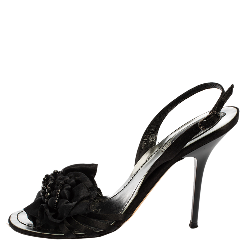 

René Caovilla Black Satin Embellished Sandals Size