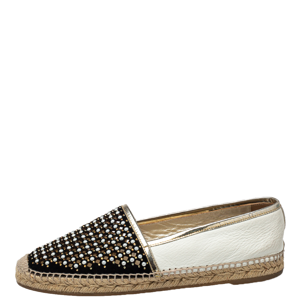 

René Caovilla Black Leather And Suede Espadrille Flats Size, White