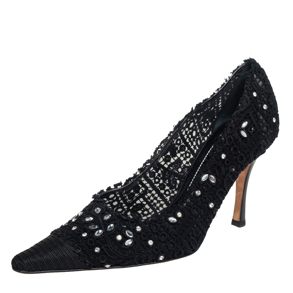 Pre-owned René Caovilla Black Lace And Canvas Crystal Embellished Pumps Size 40