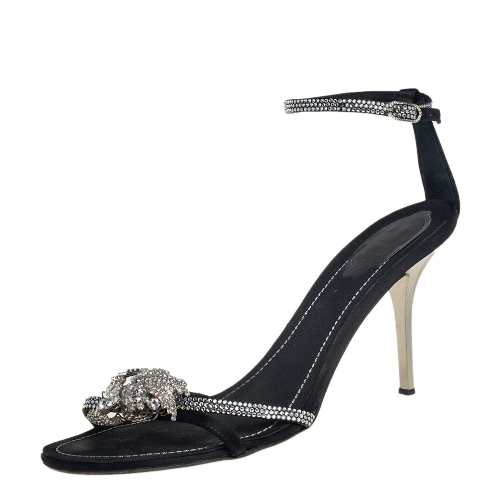 

René Caovilla Black Satin And Crystal Embellished Sandals Size
