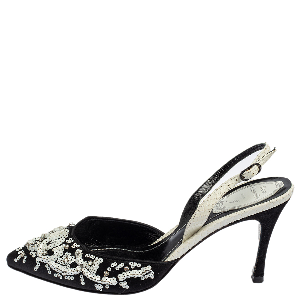 

René Caovilla Black Satin And Python Sequin Embellished Pointed Toe Slingback Sandals Size