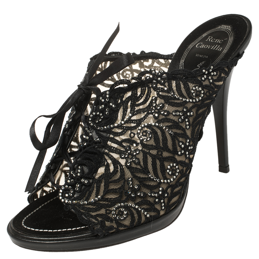 Click to view more detailed imagery on our partner's website Pre-owned René Caovilla René Caovilla Black Lace Crystal Embellished Slide Sandals Size 38.5