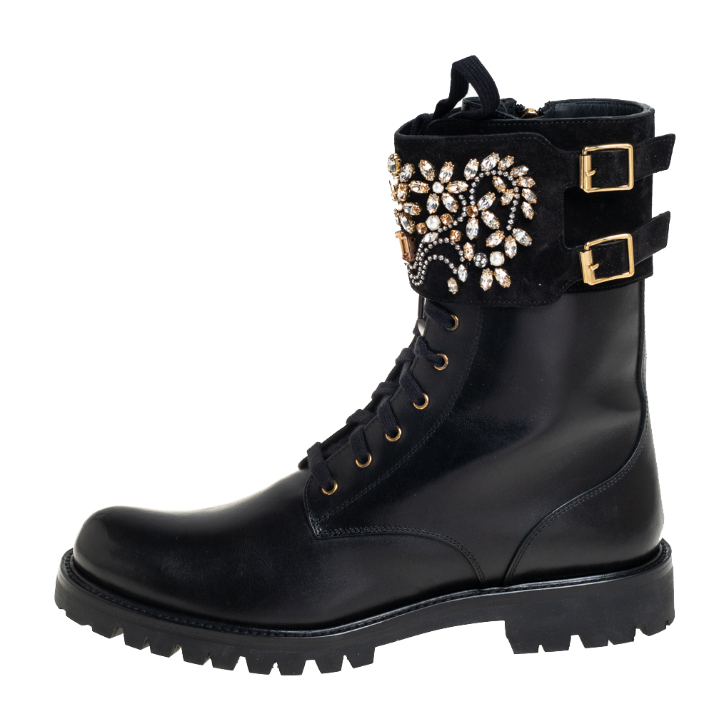 

Rene Caovilla Black Leather And Crystal Embellished Suede Combat Boots Size