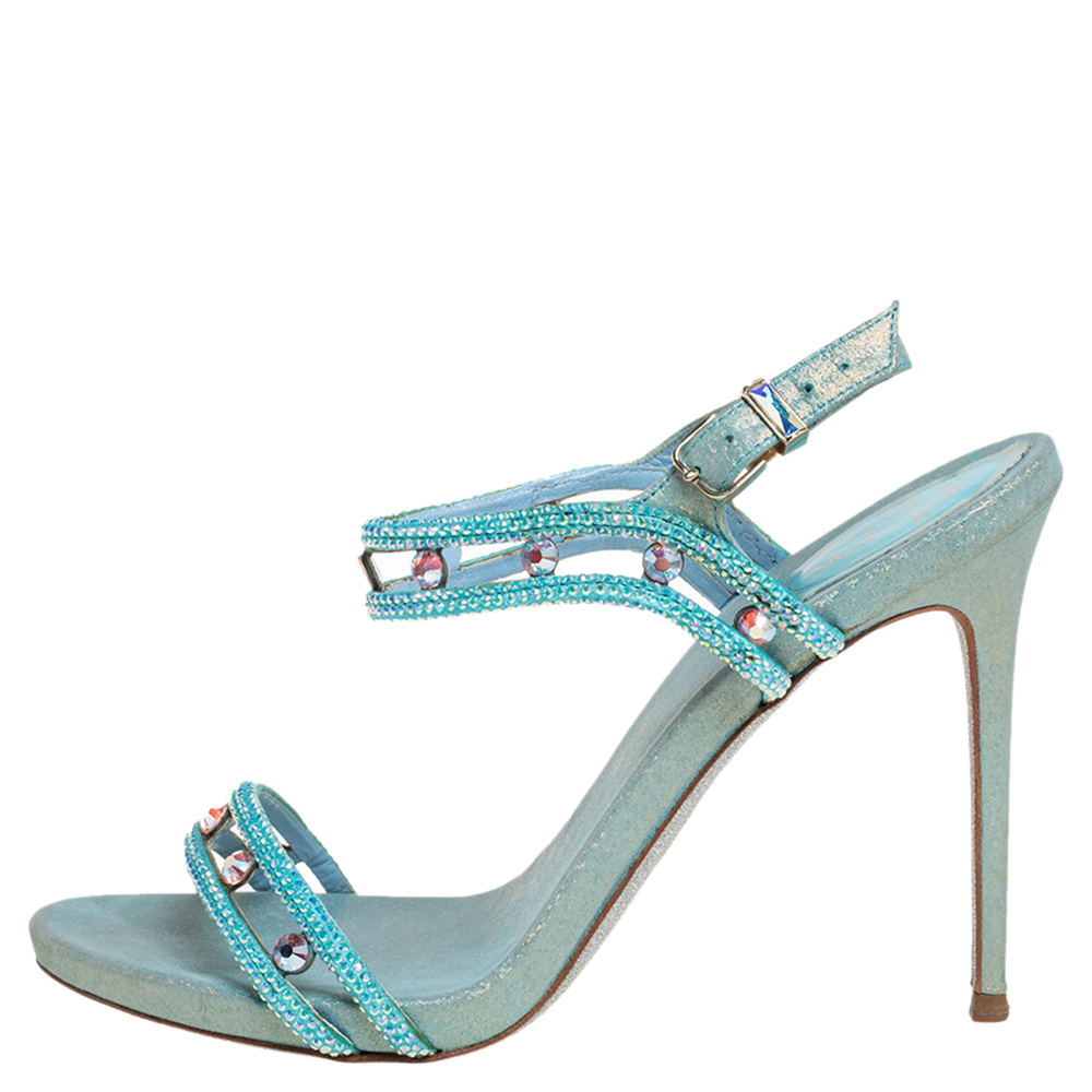 

René Caovilla Metallic Blue Leather Crystal Embellished Ankle Strap Sandals Size