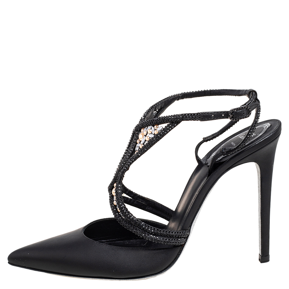 

René Caovilla Black Leather Crystal Embellished Sandals Size