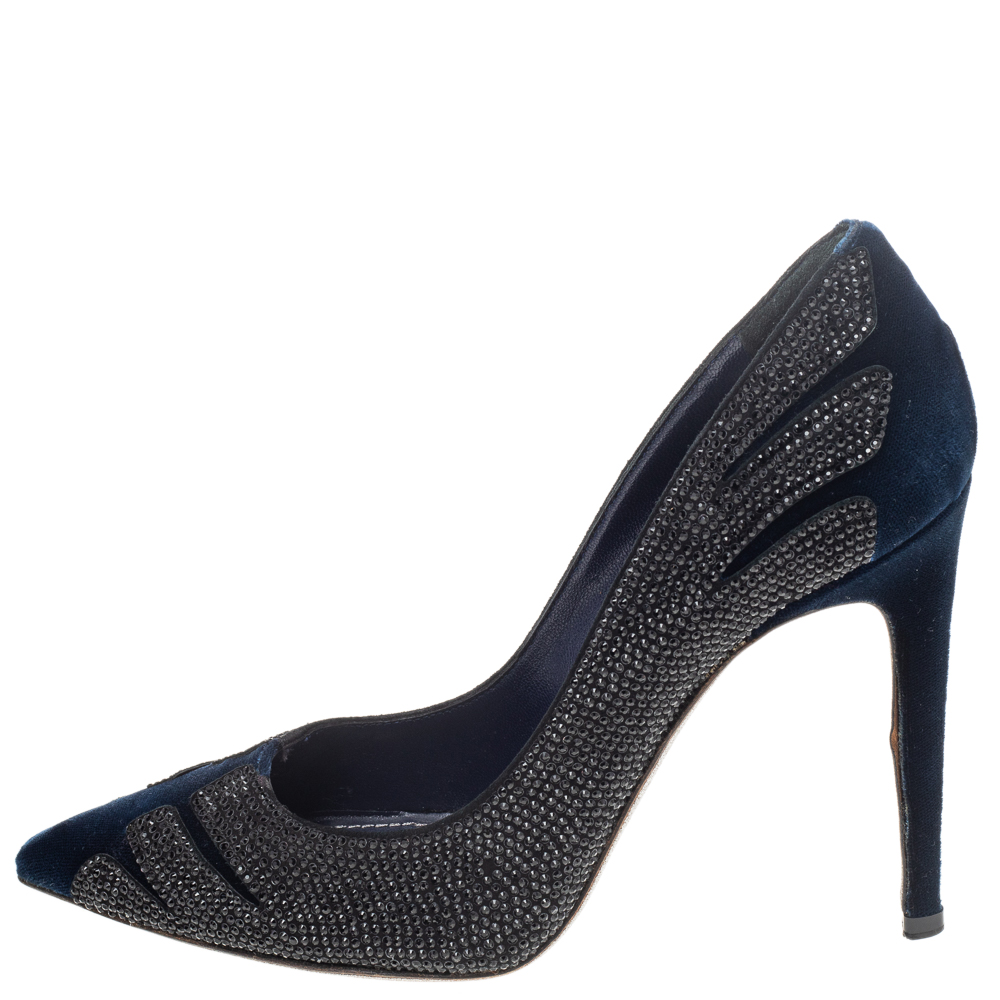 

René Caovilla Blue Velvet Crystal Embellished Pointed Toe Pumps Size