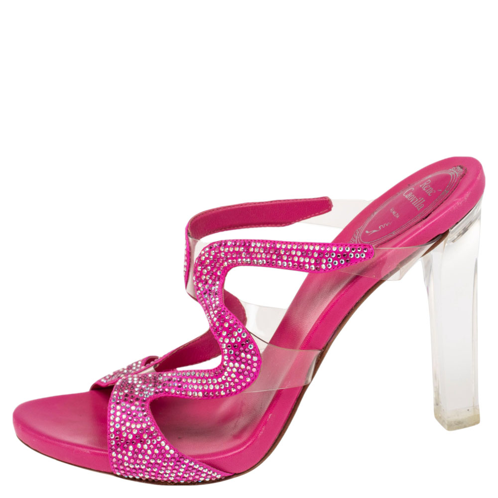 

René Caovilla Pink Satin And PVC Crystal Embellished Open Toe Sandals Size