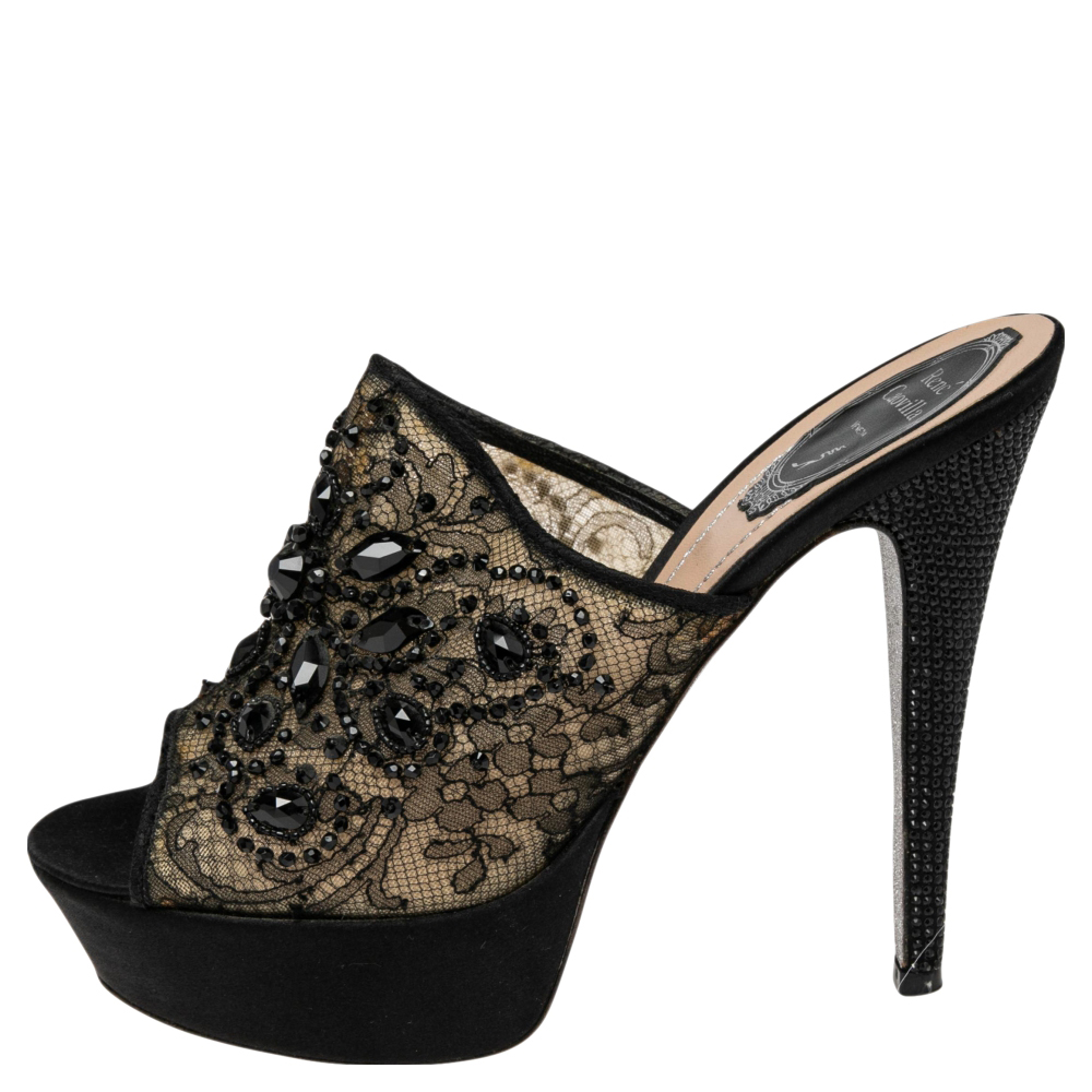 

René Caovilla Black Lace Crystal Embellished Platform Slide Sandals Size