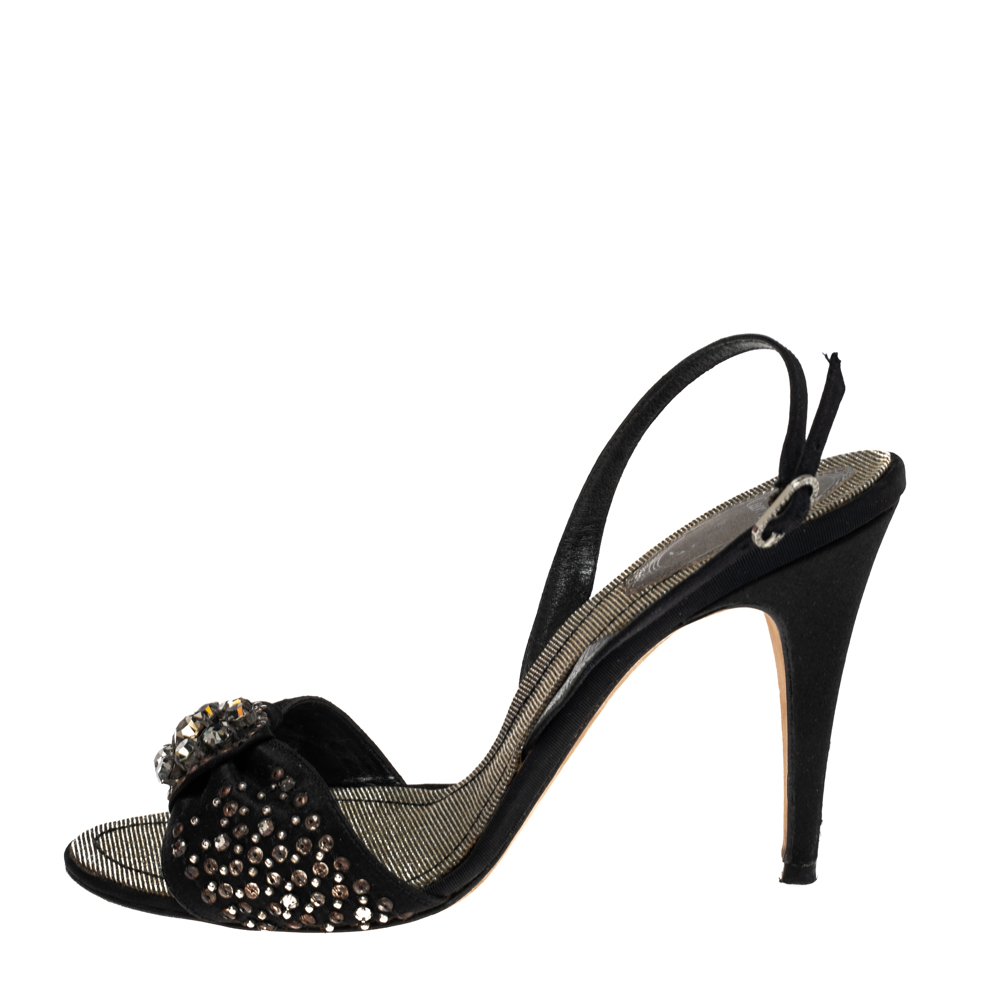 

René Caovilla Black Satin Embellished Sandals Size