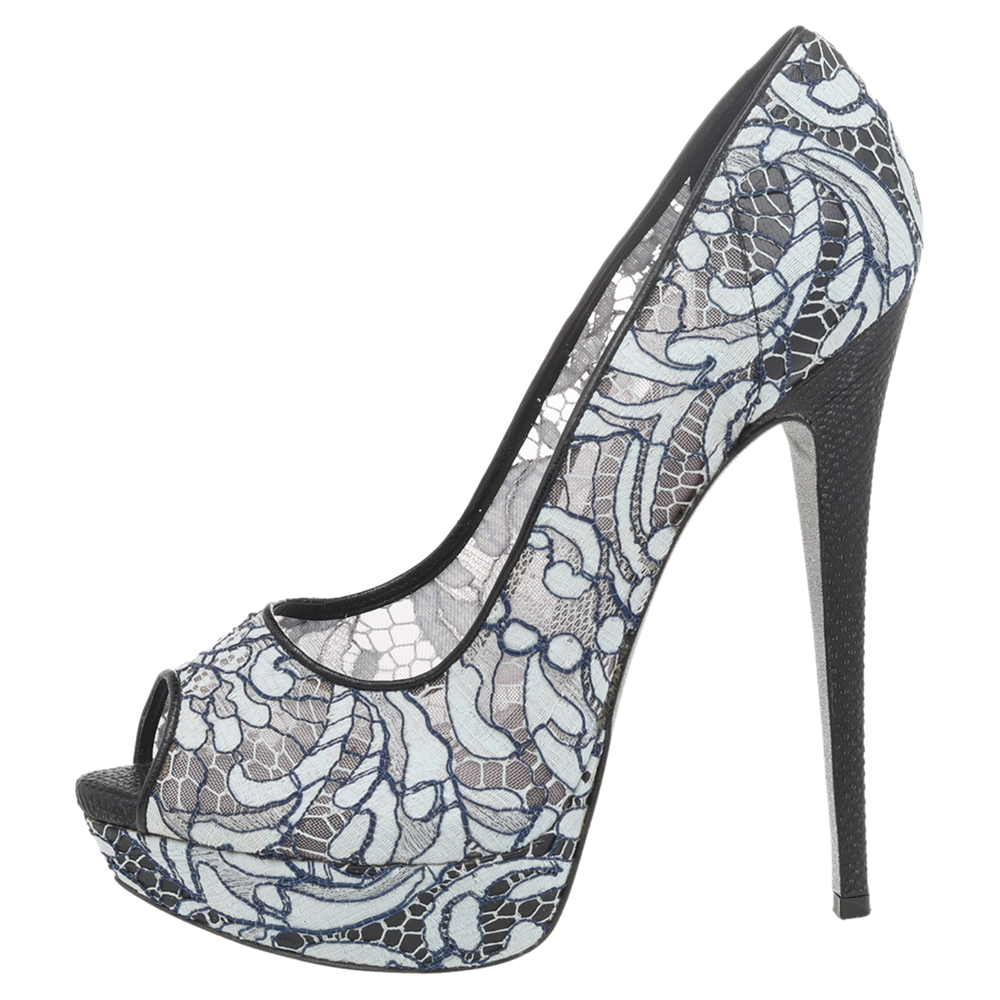 

Rene Caovilla Multicolor Lace Peep Toe Platform Pumps Size