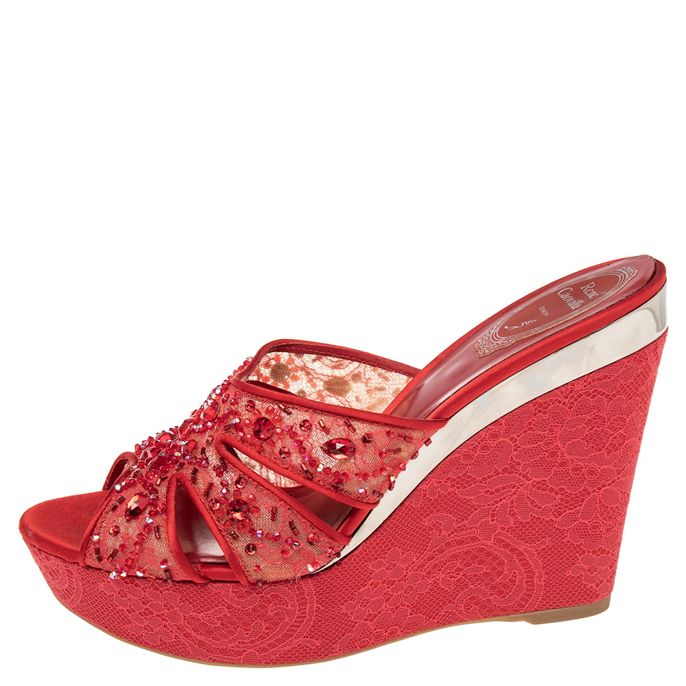 

René Caovilla Red Lace And Mesh Jewel Embellished Wedge Sandals Size