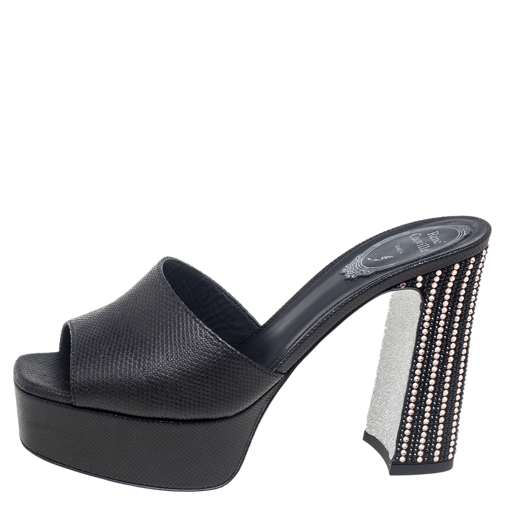 

Rene Caovilla Black Leather Slide Sandals Size