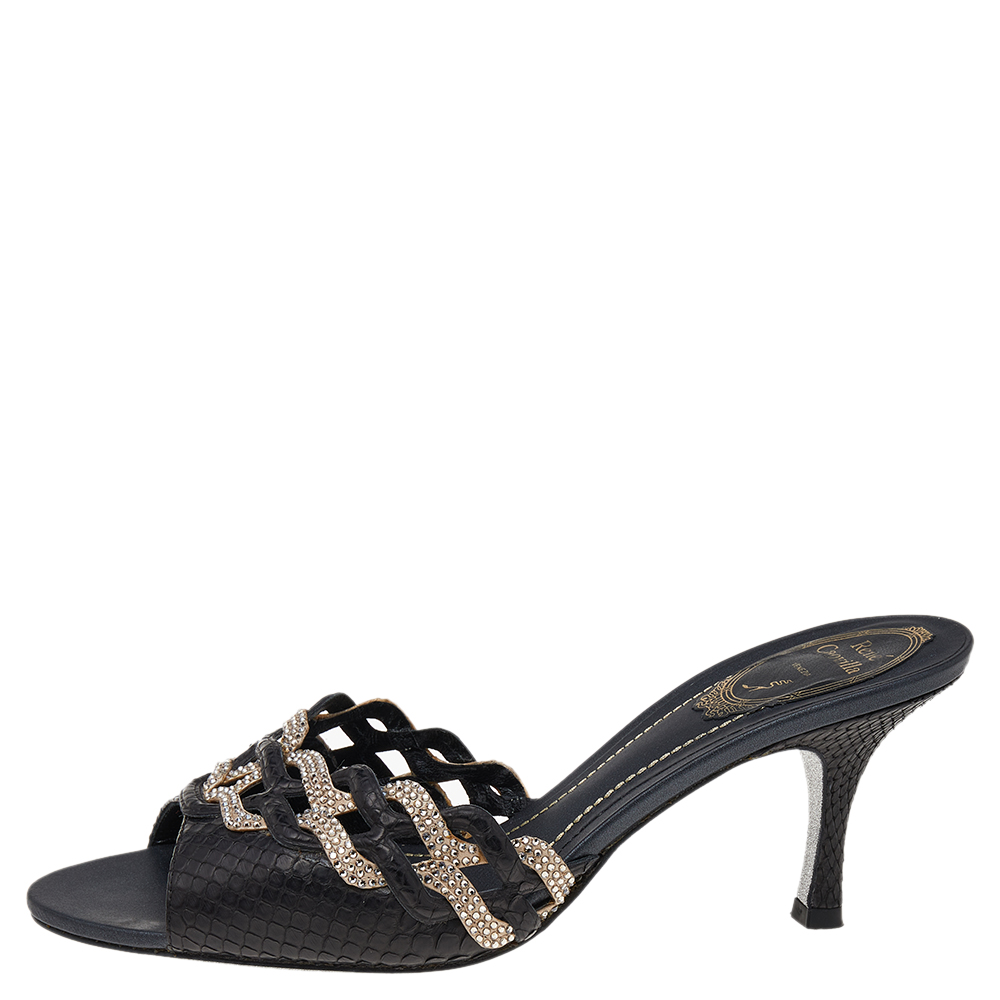 

René Caovilla Black Python Leather And Embellished Satin Slides Sandals Size