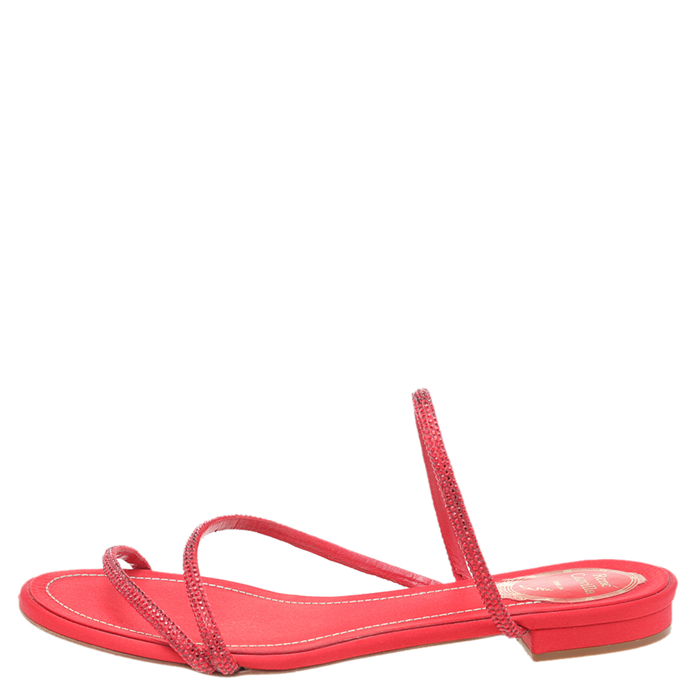 

René Caovilla Red Crystal Embellished Satin Strappy Flats Size