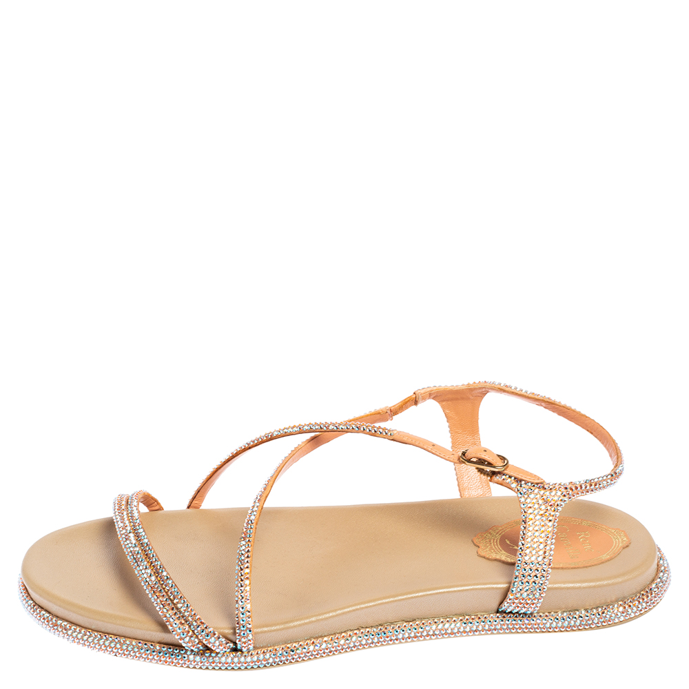 

René Caovilla Peach Satin Emi Crystal Embellished Flat Sandals Size, Orange