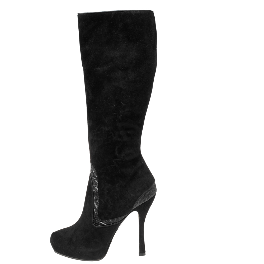 

Rene Caovilla Black Suede Crystal Embellished Knee High Boots Size