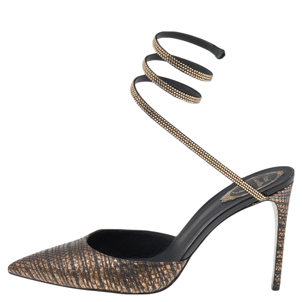 

René Caovilla Metallic Gold/Black Python Crystal Embellished Sandals Size