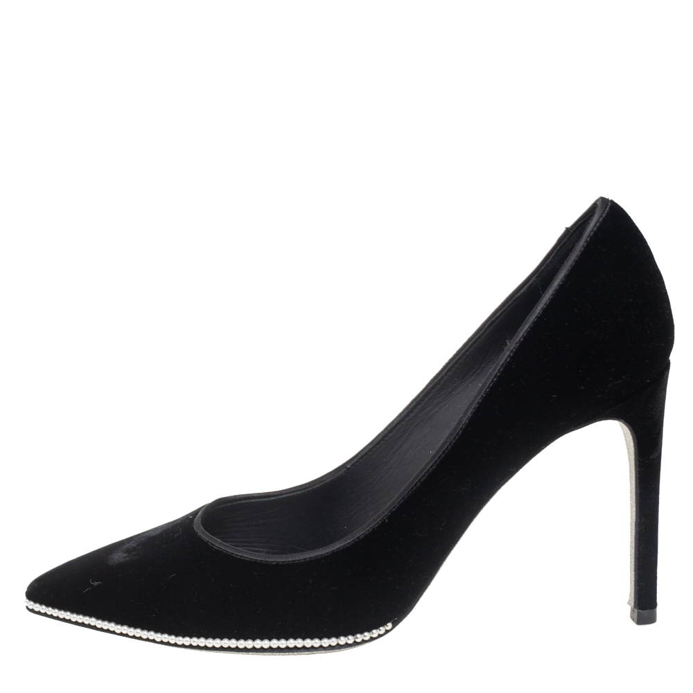 

René Caovilla Black Velvet Grace Pointed-Toe Pumps Size