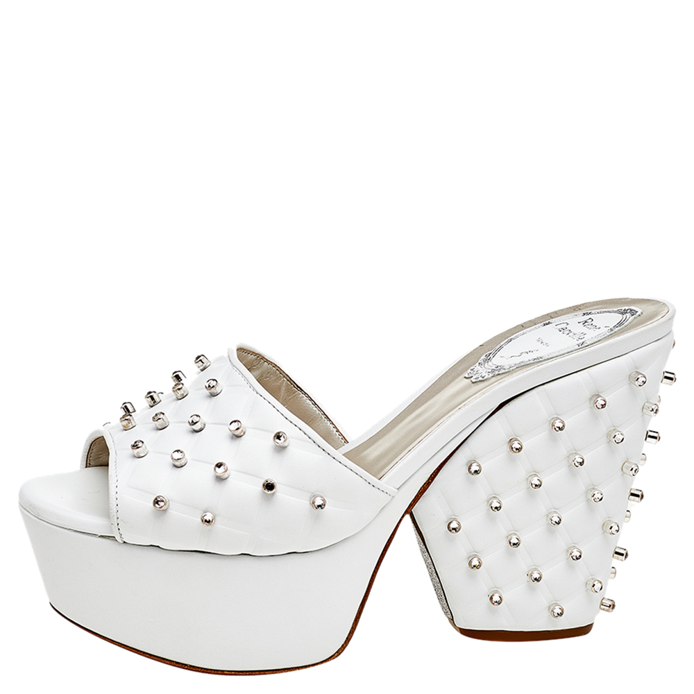 

René Caovilla White Leather Embellished Wedge Platform Slide Sandals Size