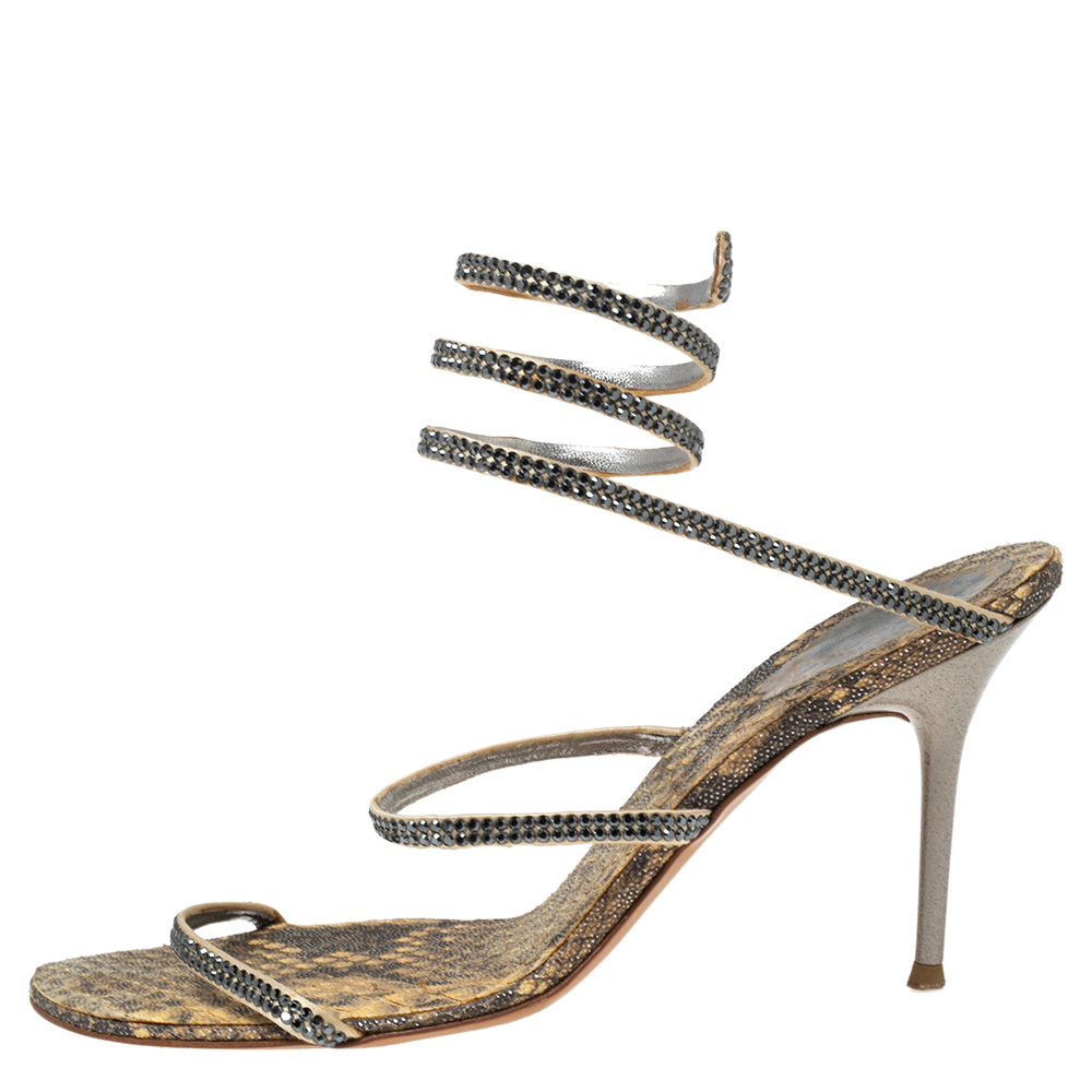 

René Caovilla Beige/Black Crystals Studded Satin and Metal Cleo Ankle-Wrap Sandals Size